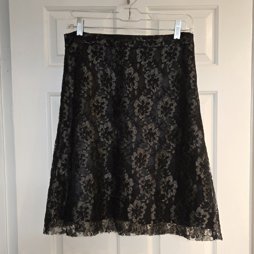 Black And Floral Silver Lace Overlay Knee-Length A-Line Skirt